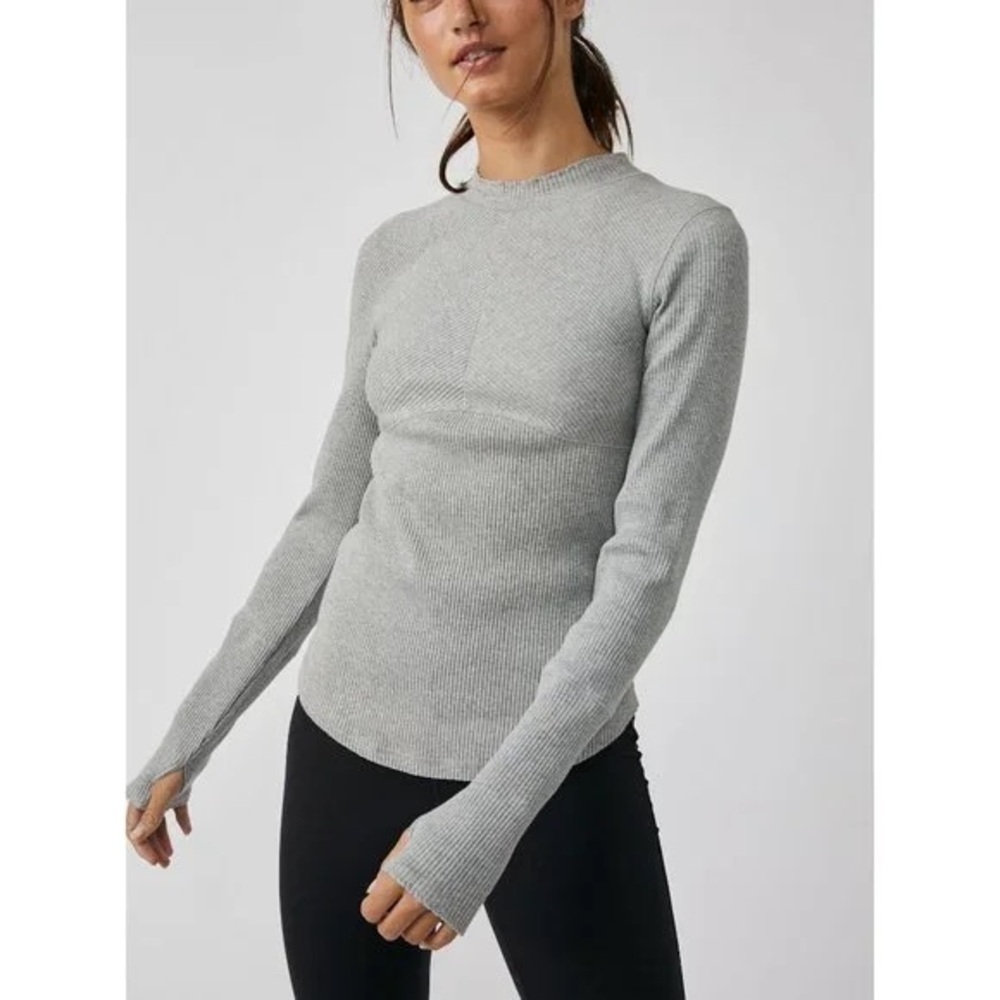 Two Free People Movement Laura long sleeve ribbed tops, light blue and grey M